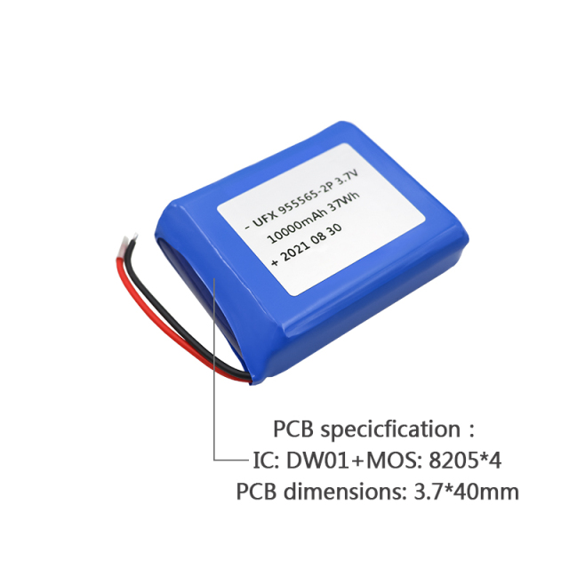 China Li-ion Battery Manufacturer OEM Heating Garment Battery UFX955565-2P 10000mAh 3.7V Safety Lipo Battery