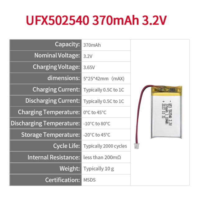Professional Lithium-ion Cell Manufacturer LiFePO4 Battery Pack UFX 502540 370mAh 3.2V LiFePo4 Battery