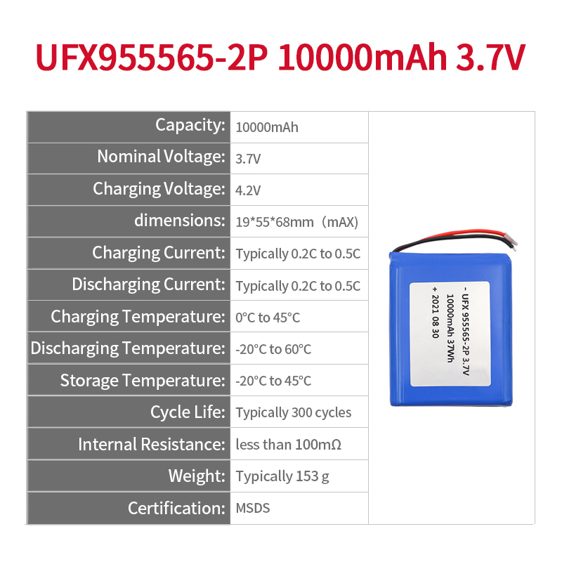 China Li-ion Battery Manufacturer OEM Heating Garment Battery UFX955565-2P 10000mAh 3.7V Safety Lipo Battery