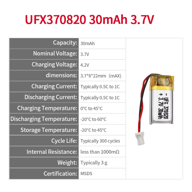 Chinese Lipo Cells Factory Wholesale Polymer Li-ion Battery for Beauty Instrument UFX 370820 30mAh 3.7V Li-ion Polymer Cell