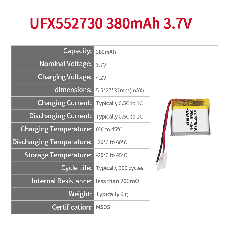 Professional Lithium-ion Cell Factory Wholesale Lithium-ion Battery UFX 552730 380mAh 3.7V Rechargeable Lithium-ion Battery