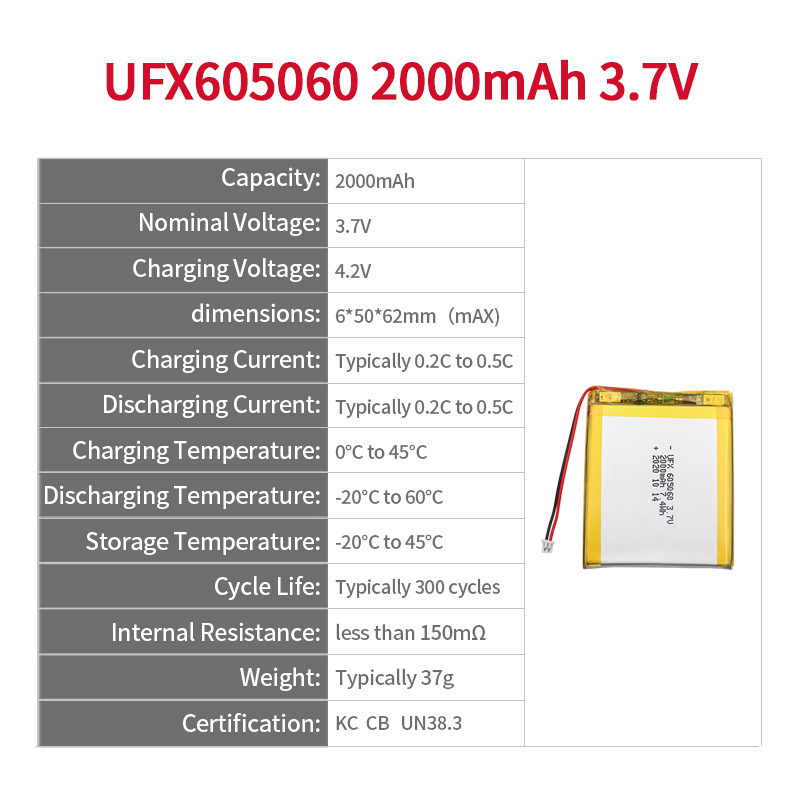 Wholesale High Quality Lithium Ion Polymer Battery Wholesale Smart Door Lock Battery UFX 605060 2000mAh 3.7V Lithium-polymer Battery