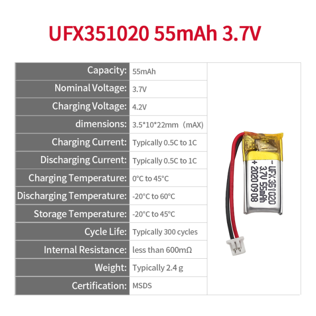 China Lithium Cell Manufacturer Professional Customized Smart Makeup Box Li-ion Polymer Battery UFX 351020 55mAh 3.7V Li-ion Polymer Battery