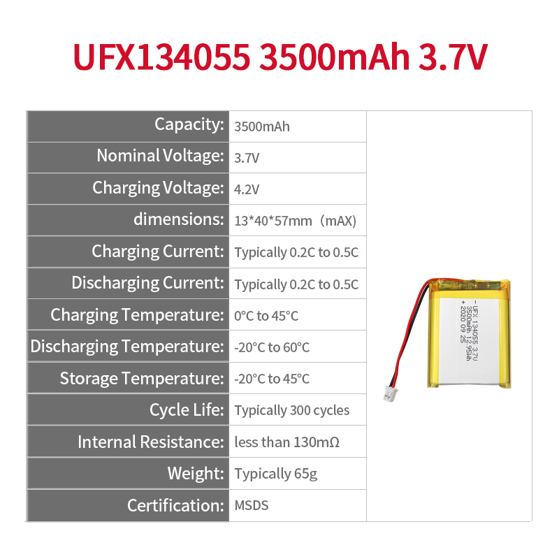Lithium-ion Polymer Cell Factory Customized Smart Speaker Battery UFX 134055 3500mAh 3.7V Li-ion Polymer Battery With MSDS