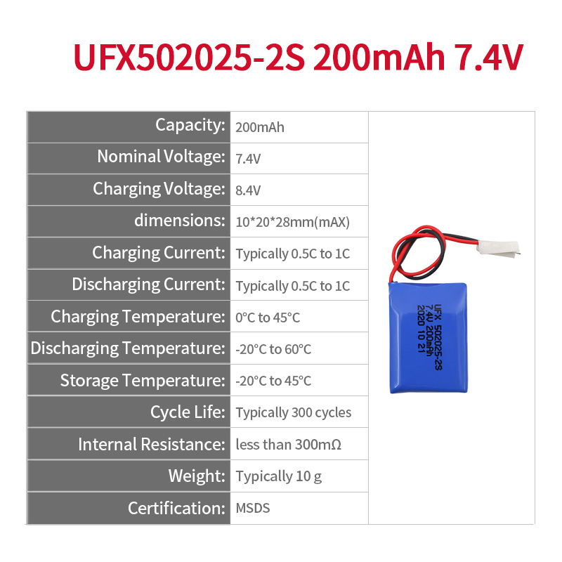 China Lithium Cell Manufacturer For Electric Toy UFX 502025-2S 200mAh 7.4V High Quality Rechargeable Battery