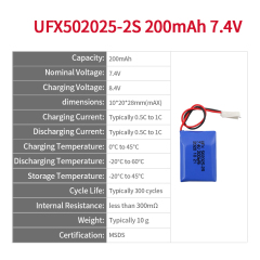 China Lithium Cell Manufacturer For Electric Toy UFX 502025-2S 200mAh 7.4V High Quality Rechargeable Battery