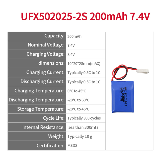 China Lithium Cell Manufacturer For Electric Toy UFX 502025-2S 200mAh 7.4V High Quality Rechargeable Battery