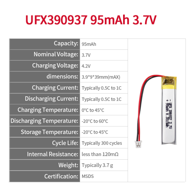 Wholesale High Quality Lithium Ion Polymer Battery Custom Reading Pen Battery UFX 390937 95mAh 3.7V Polymer Li-ion Battery