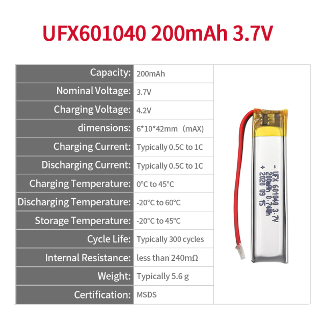 China Cell Factory Wholesale Rechargeable Battery For Digital Camera UFX 601040 200mAh 3.7V Lipo Battery Pack