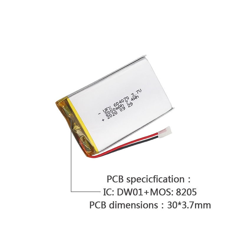 China Best Lithium-ion Polymer Cell Manufacturer Hot Selling High Quality Ordering Machine Battery UFX 604070 2000mAh 3.7V Professional Custom for Speaker Li-ion Battery