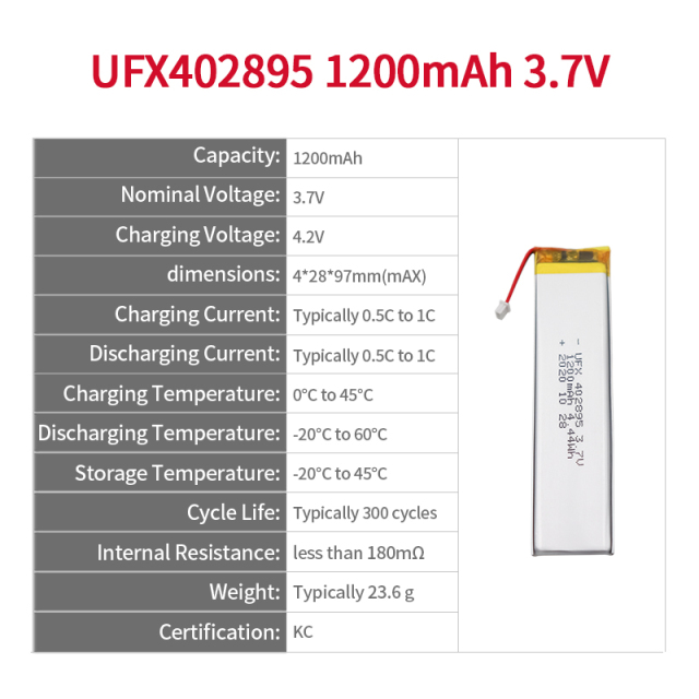 리튬이온 폴리머 셀 공장 마사지기 배터리 공급 UFX 402895 1200mAh 3.7V KC 인증서