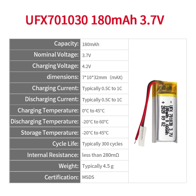 Li-polymer Cells Factory Supply Battery Pack for Car Equipment UFX 701030 180mAh 3.7V Mini Rechargeable Battery