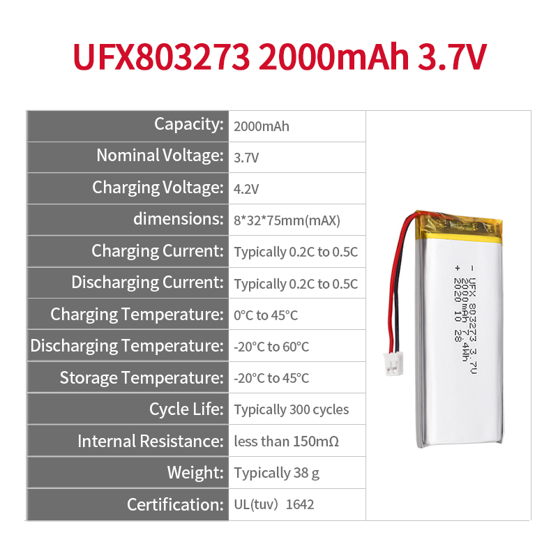 도매 리튬 이온 폴리머 배터리 로케이터용 도매 Li-po 배터리 UFX 803273 2000mAh 3.7V UL인증서