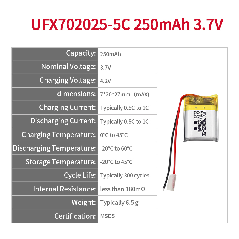 중국 리튬 폴리머 전지 제조업체 전문 맞춤형 미용 장비 배터리 UFX 702025-5C 250mAh 3.7V 5C 방전 배터리 팩