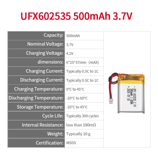 China Lithium Cell Factory Wholesale Rechargeable Battery for Medical Equipment UFX 602535 500mAh 3.7V