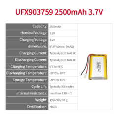 Chinese Lithium Cell Manufacturer Supply Air Cleaner Batteries UFX 903759 2500mAh 3.7V Rechargeable Battery with KC CB UL Certification