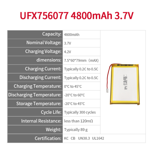 Lithium Cell Manufacturer Customized For Mosquito Repellent Lamp Rechargeable Batteries UFX 756077 4800mAh 3.7V High Quality Rechargeable Battery
