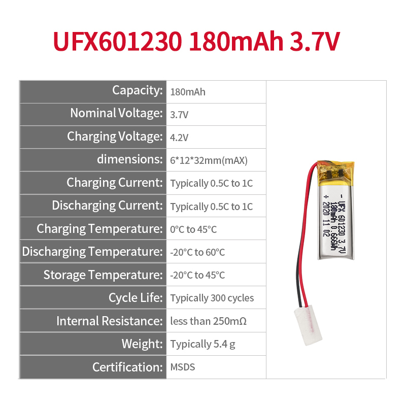 Lithium Ion Polymer Cell Factory Supply Bluetooth Headset Batteries UFX 601230 180mAh 3.7V High Quality Rechargeable Battery