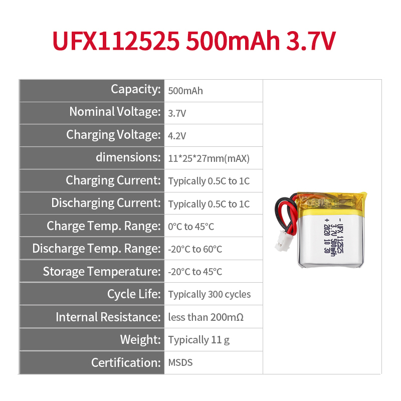 리튬 이온 폴리머 셀 공장 공급 Led 라이트 배터리 UFX 112525 500mAh 3.7V 소형 리폴리머 배터리