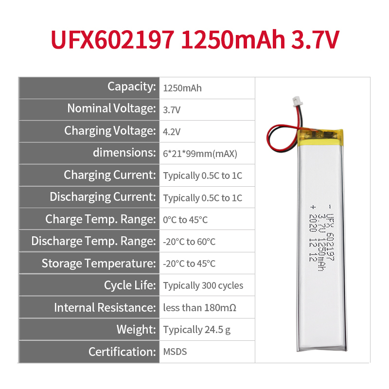 Professional Polymer Lithium-ion Cell Manufacturer Produce Bluetooth Speaker Battery UFX 602197 1250mAh 3.7V