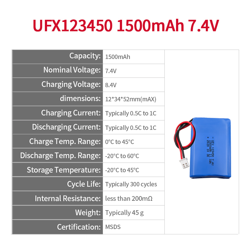 Rechargeable Lithium-ion Cell Manufacturer Professional Customized Hand Warmer Rechargeable Lipo Battery UFX 123450 1500mAh 7.4V Li-ion Polymer Battery With MSDS