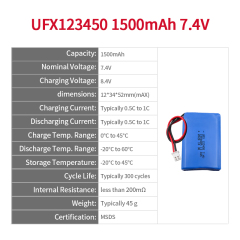 Rechargeable Lithium-ion Cell Manufacturer Professional Customized Hand Warmer Rechargeable Lipo Battery UFX 123450 1500mAh 7.4V Li-ion Polymer Battery With MSDS