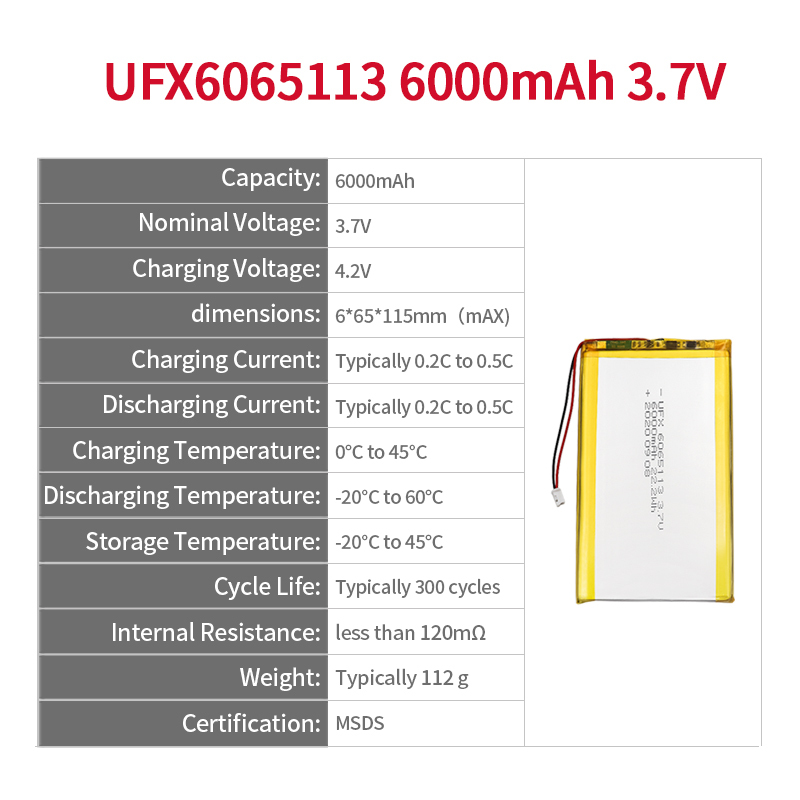 Li-ion Polymer Cell Manufacturer Wholesale High Quality Large Capacity Air Cleaner Battery UFX 6065113 6000mAh 3.7V Rechargeable Battery Pack