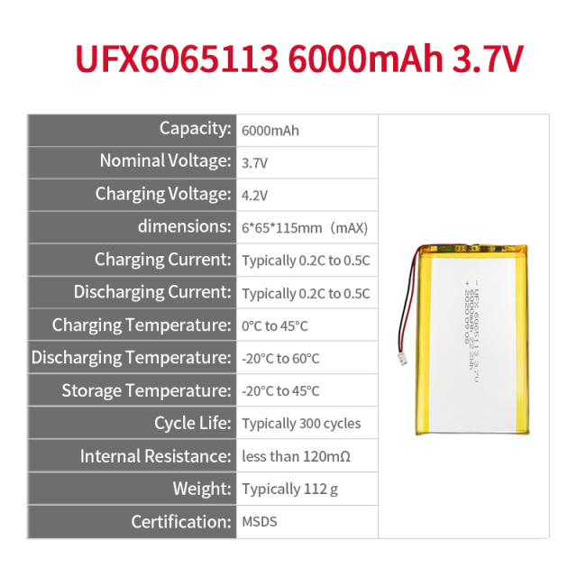 Li-ion Polymer Cell Manufacturer Wholesale High Quality Large Capacity Air Cleaner Battery UFX 6065113 6000mAh 3.7V Rechargeable Battery Pack