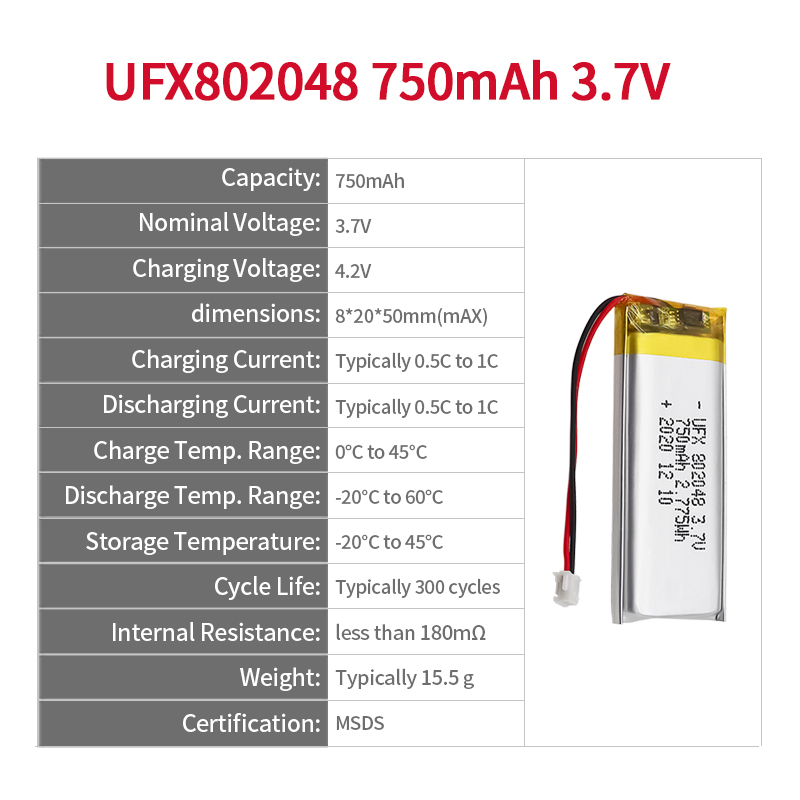 Lithium Cell Manufacturer Professional Customized Beauty Equipment Battery UFX 802048 750mAh 3.7V High Quality Rechargeable Battery