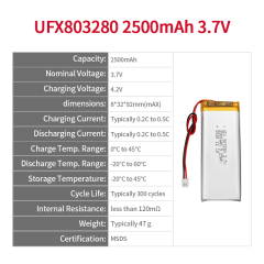 China Lithium Ion Cells Factory Customized Monitoring Equipment Battery UFX 803280 2500mAh 3.7V Li-ion Polymer Battery Pack