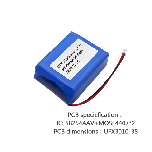 Professional Customized for Rechargeable Lithium-ion Polymer Battery for Smart Home Device UFX 955565-3S 5000mAh 11.1V Rechargeable Lithium-polymer Battery Pack