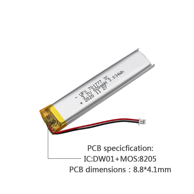 China Li-Polymer Cell Manufacturer Professional Customized Breast Pump Li-polymer Battery UFX 701777-3C 820mAh 3.7V 3C Discharge Li-polymer Battery