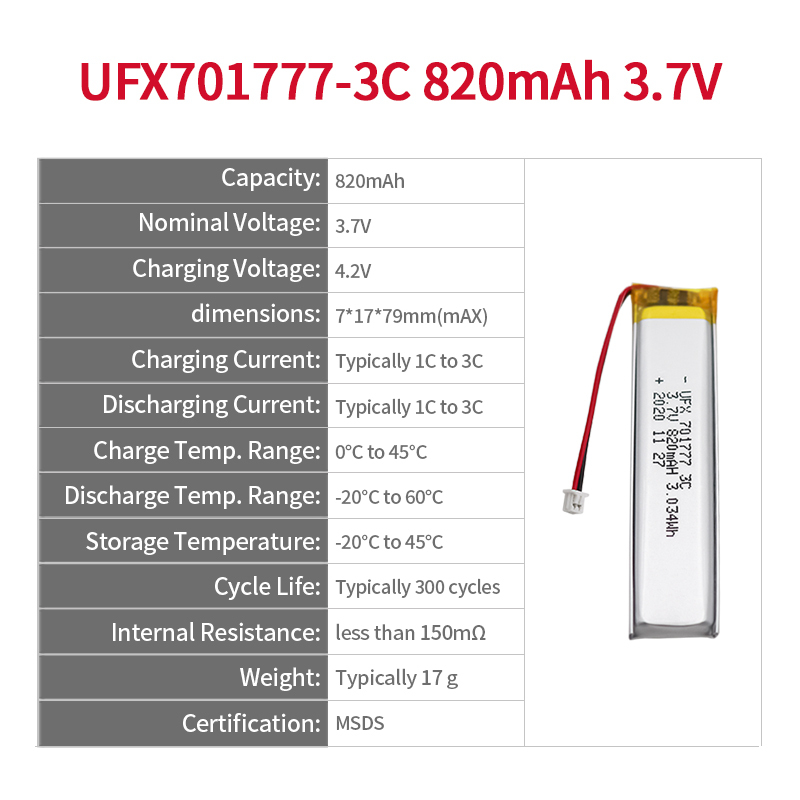 China Li-Polymer Cell Manufacturer Professional Customized Breast Pump Li-polymer Battery UFX 701777-3C 820mAh 3.7V 3C Discharge Li-polymer Battery