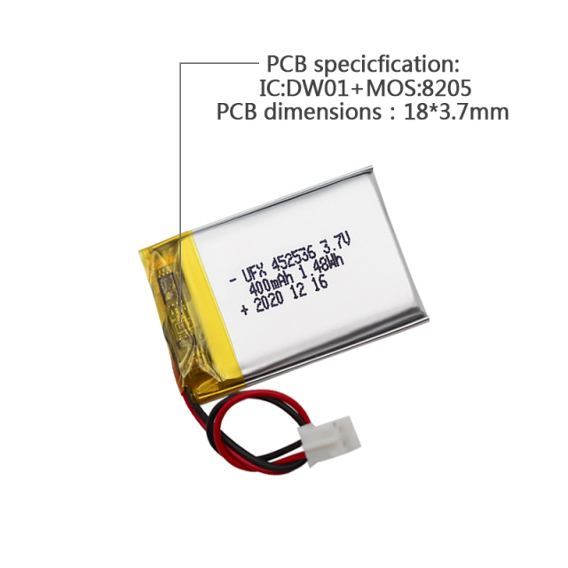 China Lithium Ion Cells Factory Customized DVR Driving Recorder Battery UFX 452536 400mAh 3.7V Li-ion Battery Pack