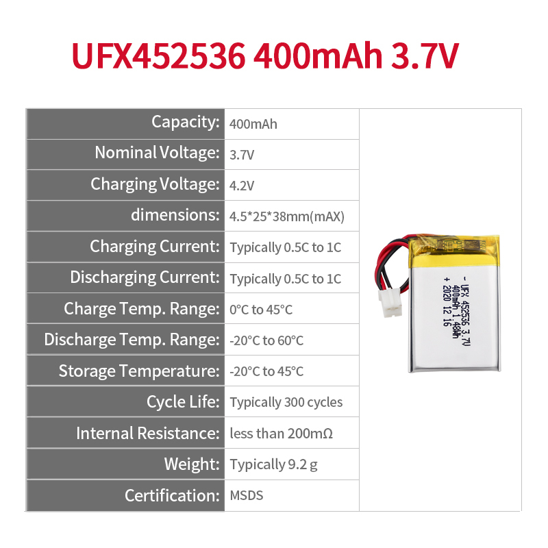 China Lithium Ion Cells Factory Customized DVR Driving Recorder Battery UFX 452536 400mAh 3.7V Li-ion Battery Pack