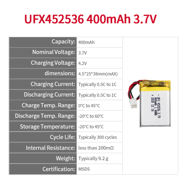 China Lithium Ion Cells Factory Customized DVR Driving Recorder Battery UFX 452536 400mAh 3.7V Li-ion Battery Pack