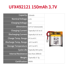 중국 리튬이온 전지 공장 블루투스 헤드셋 배터리 공급 UFX 492121 150mAh 3.7V 블루투스 스피커 배터리 생산