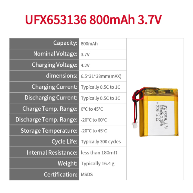 리튬 이온셀 공장 게이트웨이 알람 배터리 도매 UFX 653136 800mAh 3.7V 충전식 리튬 폴리머 배터리 팩