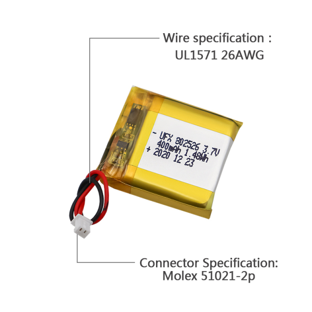 China Polymer Li-ion Cell Manufacturer Customized Beauty Device Li-ion Polymer Battery UFX 802526 400mAh 3.7V