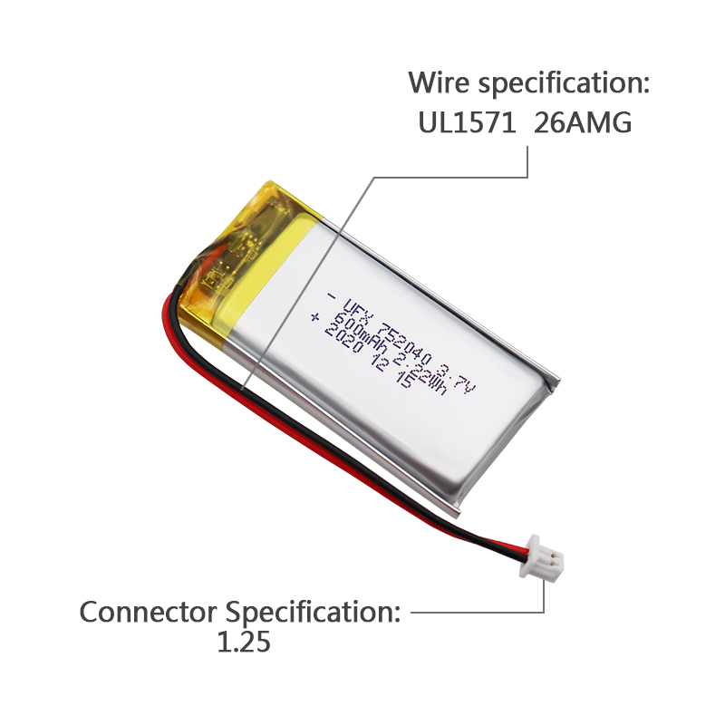 리튬 이온셀 공장 OEM 블루투스 이어폰 배터리 UFX 752040 600mAh 3.7V 리튬 폴리머 배터리