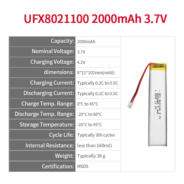 China Lithium Cell Manufacturer Supply Massager Battery UFX 8021100 2000mAh 3.7V Li-polymer Battery Pack