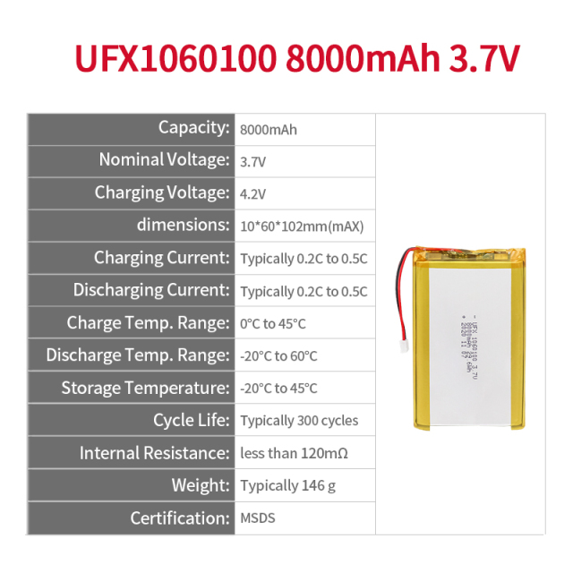 Lithium Ion Cell Factory Supply High Capacity Power Bank Battery UFX 1060100 8000mAh 3.7V Li-ion Polymer Battery With MSDS