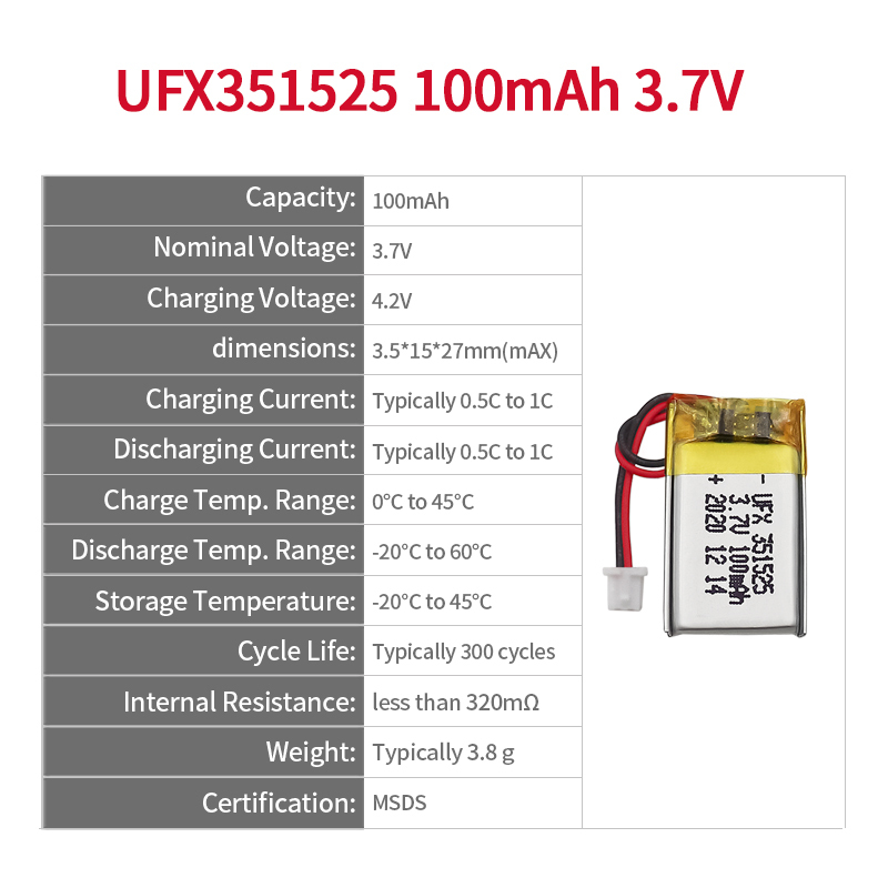 리튬 이온 폴리머 셀 공장 도매 녹음 펜 배터리 UFX 351525 100mAh 3.7V 리폴리머 배터리 팩