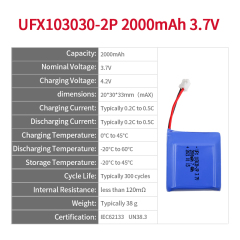 China Best Lithium-ion Polymer Cell Manufacturer Large Supply Infrared Thermometer Li-ion Battery UFX 103030-2P 2000mAh 3.7V Rechargeable Cell