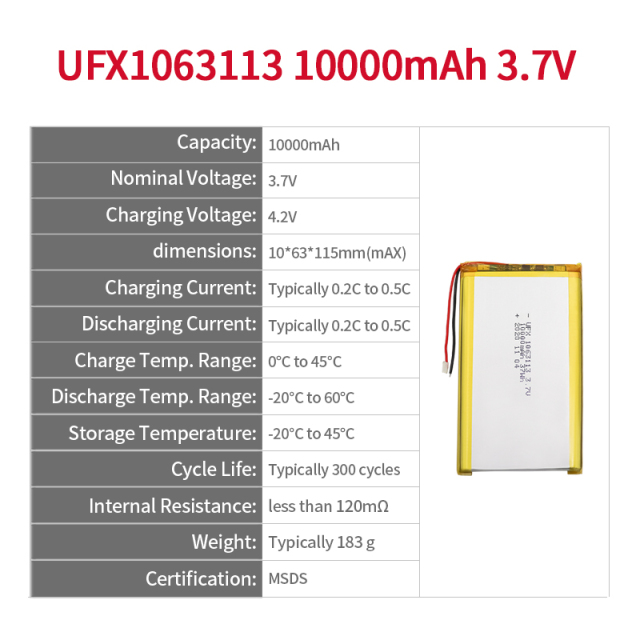 Li-polymer 셀 공장 고품질 의료장비용 리튬 폴리머 배터리"는 한국어로 UFX 1063113 10000mAh 3.7V 재충전형 배터리 팩