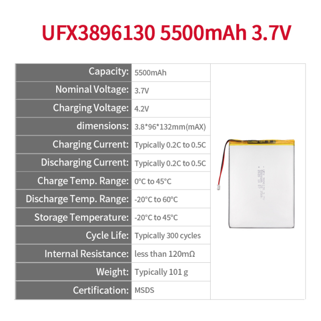 중국 폴리머 리튬 이온 셀 공장 도매 고품질 스위퍼 배터리 UFX 3896130 5500mAh 3.7V 충전식 리튬 폴리머 배터리 팩