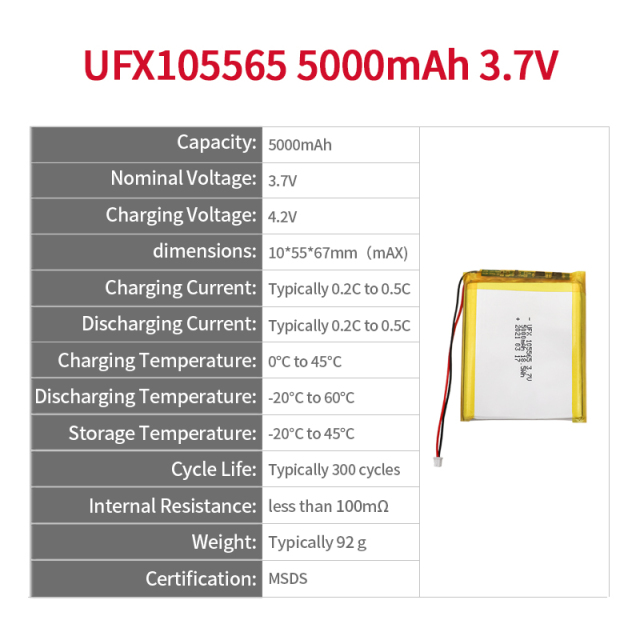 China Lithium Cell Manufacturer Customized High Quality Battery for Mobile Power UFX 105565 5000mAh 3.7V Rechargeable Lipo Battery
