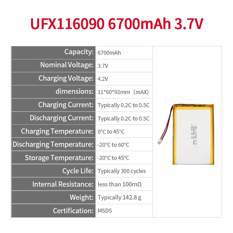 도매 리튬 이온 폴리머 배터리 도매 고품질 대용량 공기 청정기 배터리 UFX 116090 6700mAh 3.7V 리튬 이온 배터리 팩