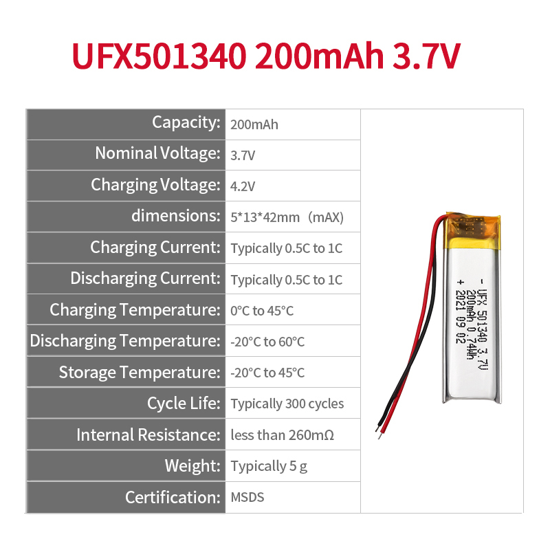 China Li-Polymer Cell Manufacturer High Quality Li-Polymer Cell for Translation Pen UFX 501340 200mAh 3.7V Li-Polymer Batteries