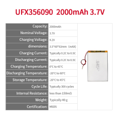 Chinese Lithium Cell Factory Customized DVR Driving Recorder Battery UFX 356090 2000mAh 3.7V Li-po Battery Pack